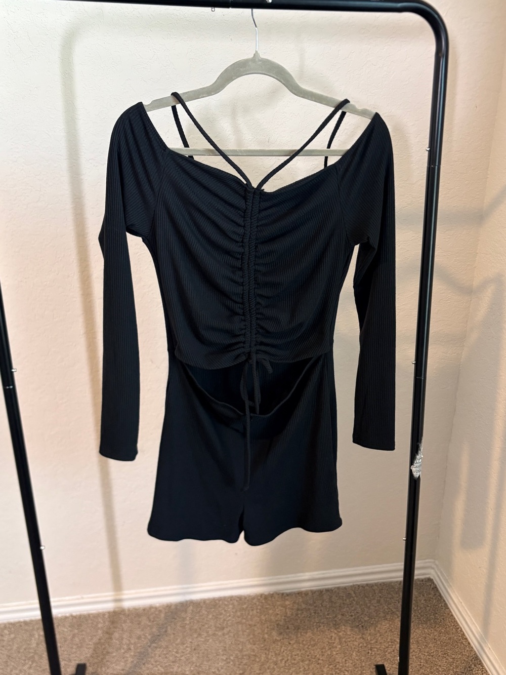 Fashion Nova Black Long-Sleeve Ruched Back Tunic Romper
